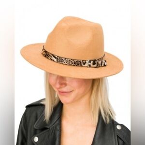 New Fedora faux wool felt camel hat vegan animal print leather woven head strap